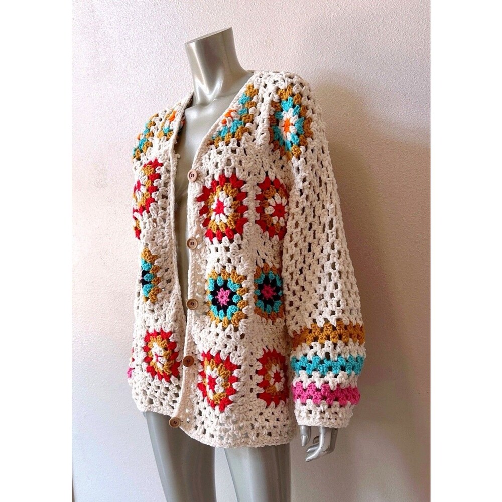 Granny Square Crochet Cardigan Sweater Large Vintage Y2K Chenille Open Knit Boho - Picture 6 of 6